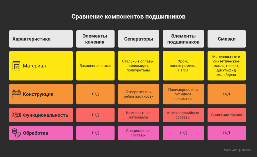 Материалы для разных элементов подшипника Материалы для разных элементов подшипника